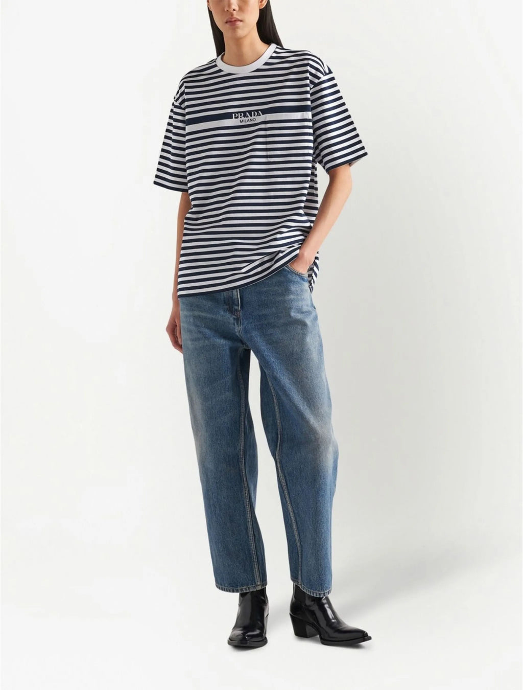 Prada 3515BS23112T2,Prada striped T-shirt,Prada navy striped T-shirt,Prada striped T-shirt womens,Prada striped womens T-shir