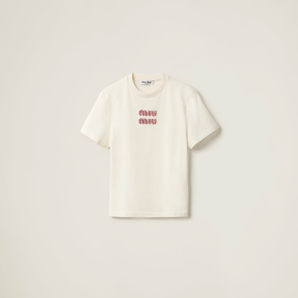 Miu miu MJN499_14AR,Miu Miu white T-shirt,Miu Miu white women T-shirt,Miu Miu white T-shirt rhinestone,Miu Miu logo T-shirt,M