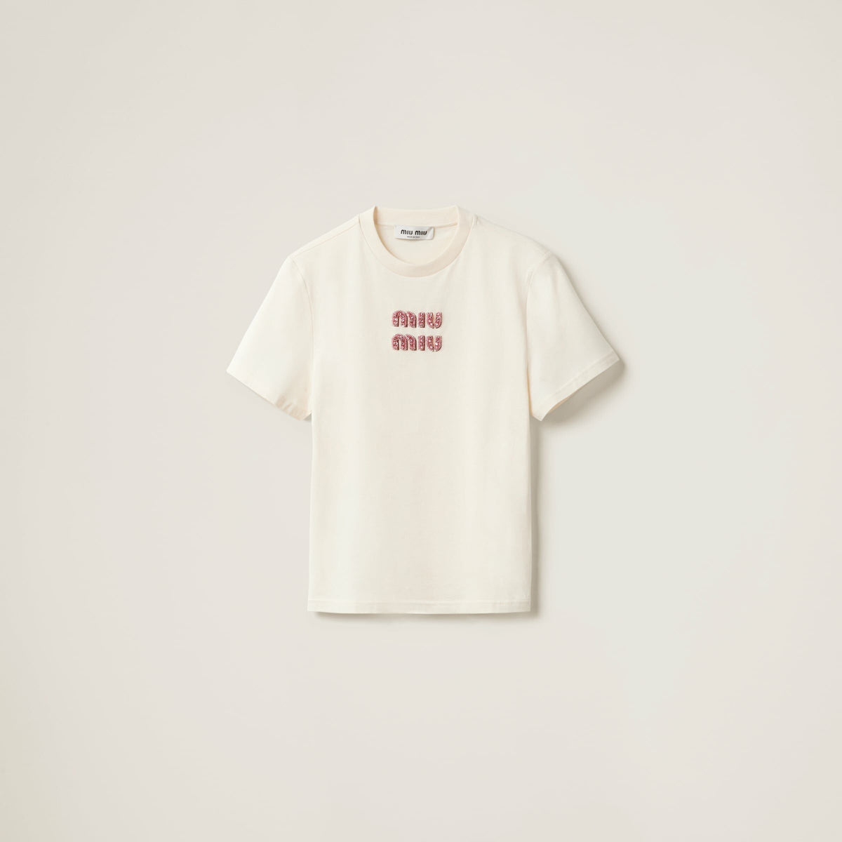 Miu miu MJN499_14AR,Miu Miu white T-shirt,Miu Miu white women T-shirt,Miu Miu white T-shirt rhinestone,Miu Miu logo T-shirt,M
