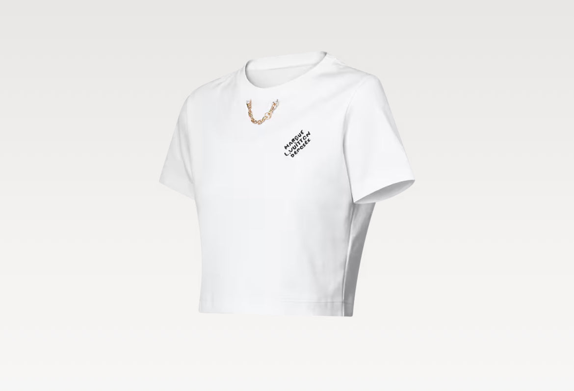 Louis Vuitton 1AHX84,LV 1AHX84,Louis Vuitton embroidered signature crop top,Louis Vuitton embroidered signature t-shirt,LV wh