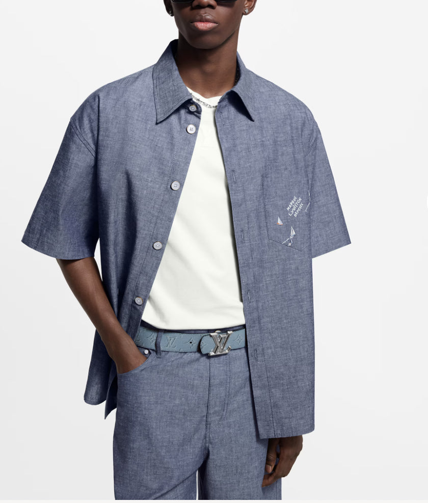 Louis Vuitton 1AHVVV,LV 1AHVVV,Louis Vuitton embroidered short sleeved shirt,LV denim short sleeved shirt,Louis Vuitton denim