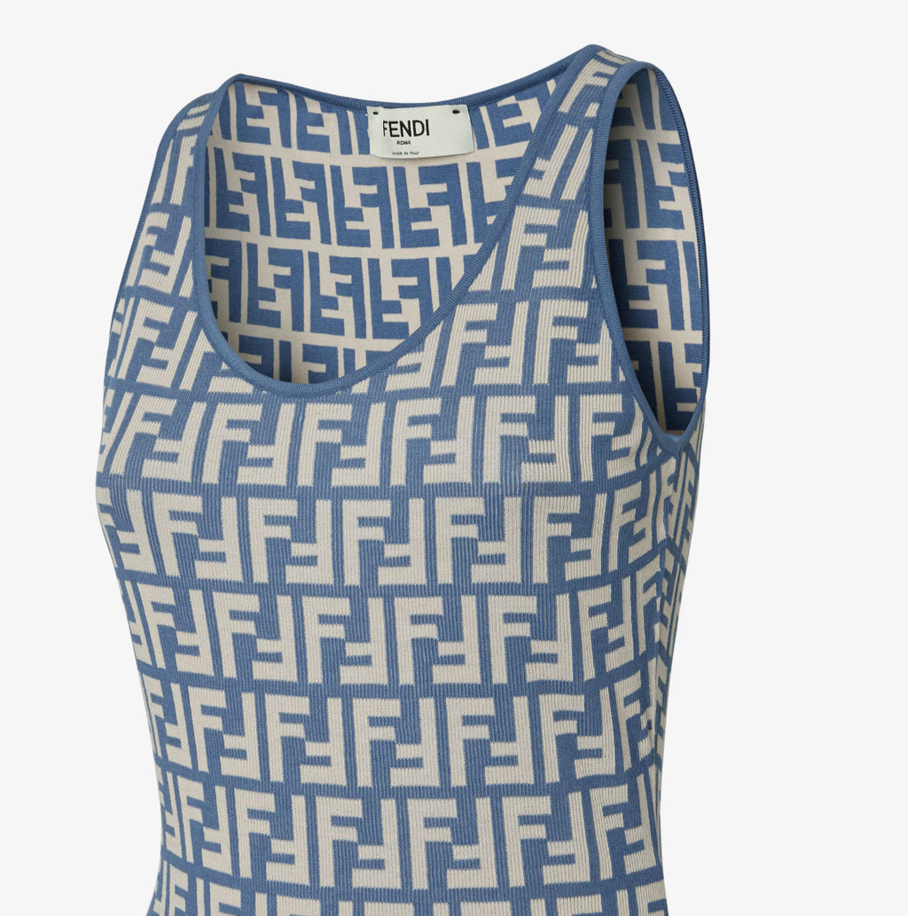Fendi FZDD38AUHW,Fendi blue monogram dress,Fendi FF logo dress,Fendi FF logo blue dress,Fendi midi dress blue ,Fendi dress bl