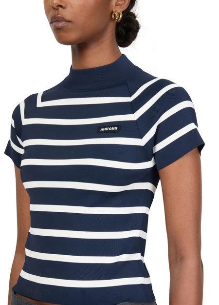 MIU MIU MMR44117NCF0761,Miu Miu striped mock turtleneck sweater,Miu Miu striped sweater,Miu Miu striped blue sweater,MIU MIU