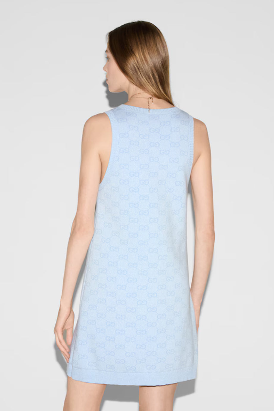 Gucci 786403 XKEPI,Gucci GG monogram mini dress, Gucci GG monogram blue dress,Gucci blue dress,Gucci blue sleeveless dress,Gu