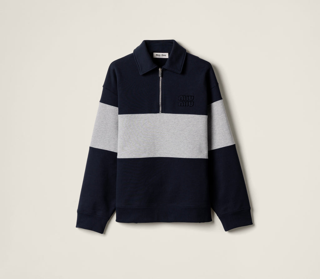 MIU MIU MJL090SOOO17H4,Miu Miu half zip sweatshirt,Miu Miu half zip blue sweatshirt,Miu Miu half zip sweater,Miu Miu half zip