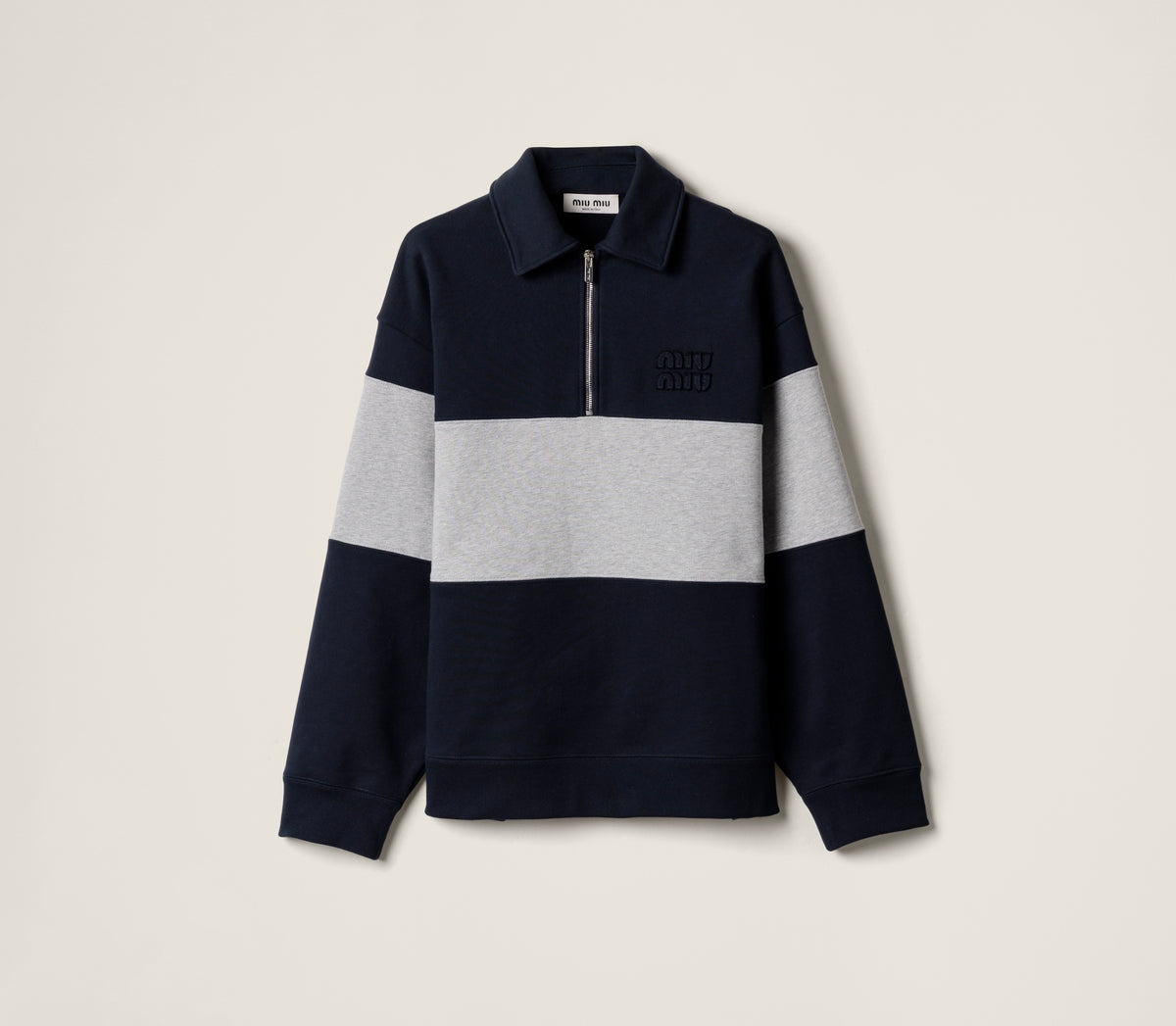 MIU MIU MJL090SOOO17H4,Miu Miu half zip sweatshirt,Miu Miu half zip blue sweatshirt,Miu Miu half zip sweater,Miu Miu half zip