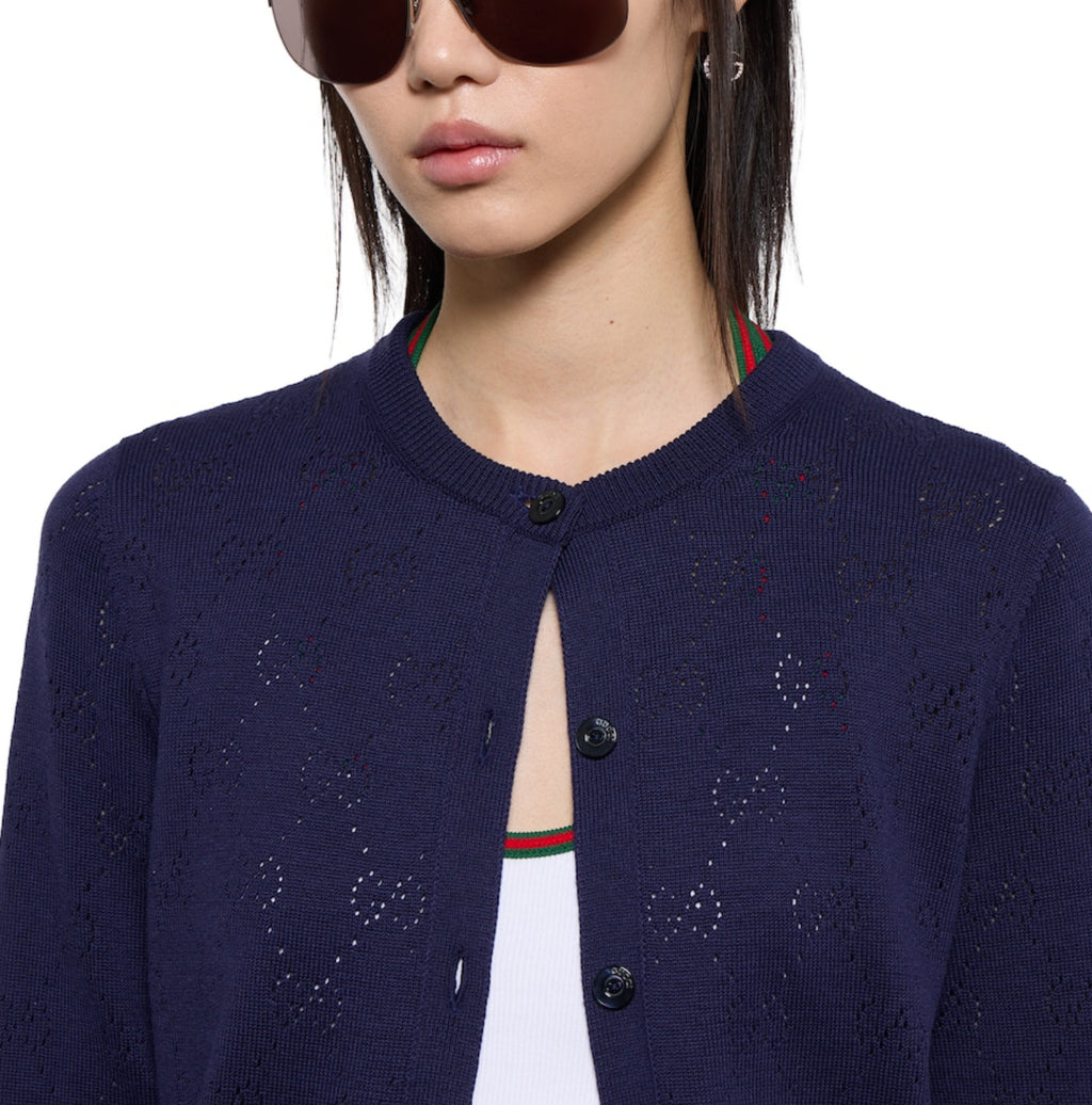 Winniemodo,Winniemodony,Gucci 856202 XKFCO,Gucci GG pointelle cardigan,Gucci cardigan blue,Gucci cardigan women,Gucci cardiga