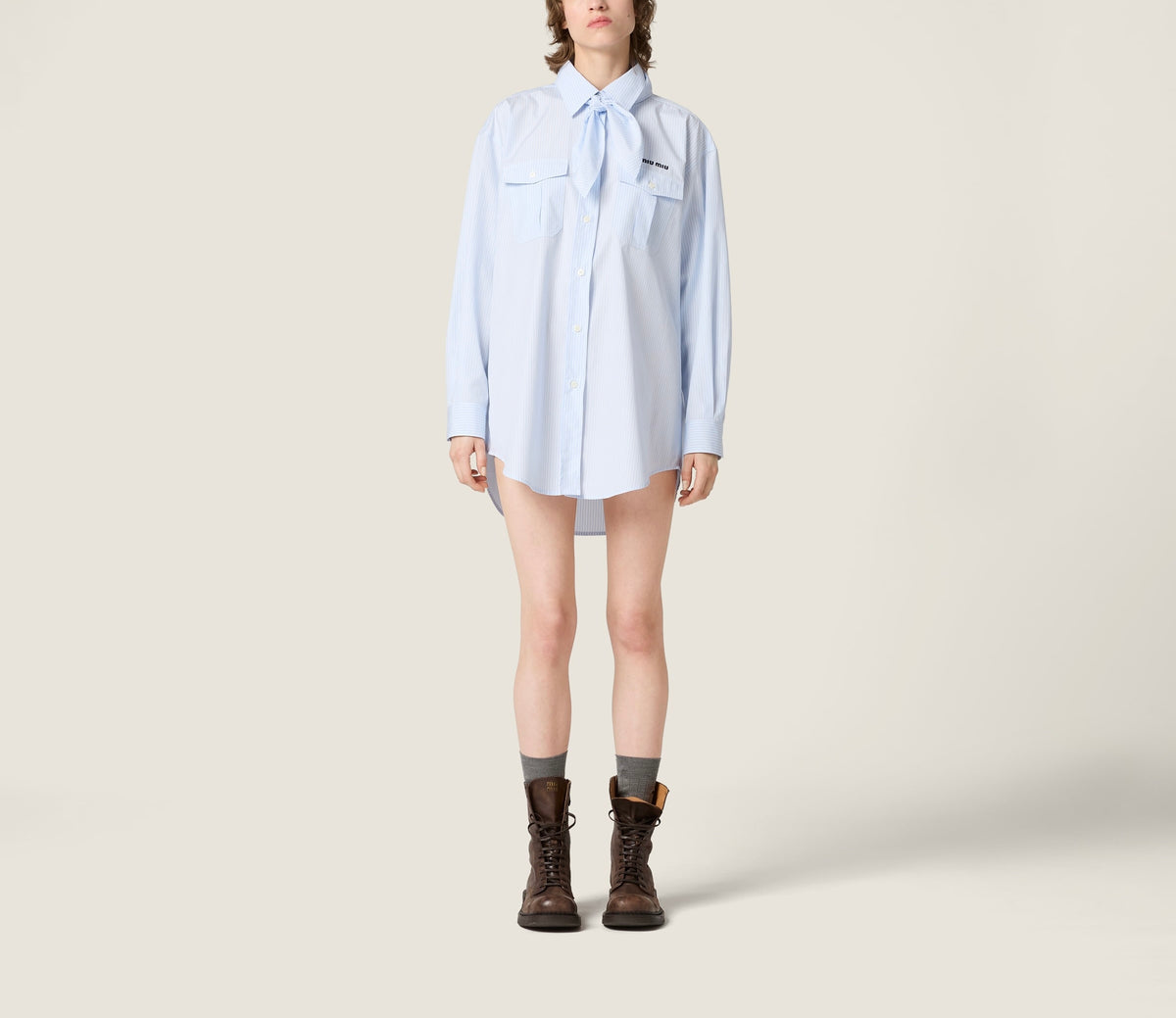 Winniemodo,Winnie modo,MIU MIU MK1918,Miu Miu poplin shirt,MIU MIU bow tie shirt,MIU MIU shirt blue,MIU MIU shirt on sale,MIU