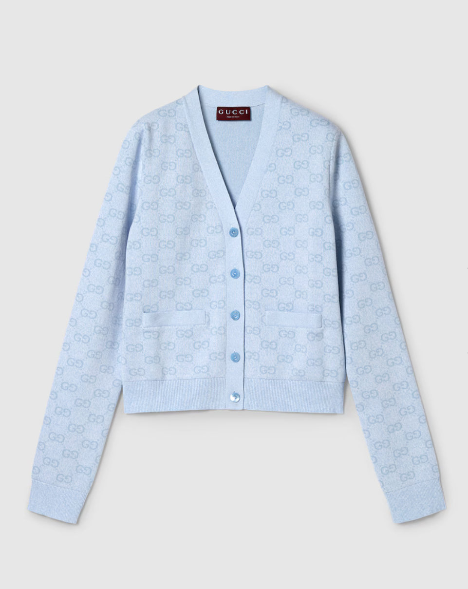 Gucci 818735 XKEOH,Gucci GG jacquard cardigan,Gucci GG monogram cardigan,Gucci GG monogram blue cardigan,Gucci blue monogram