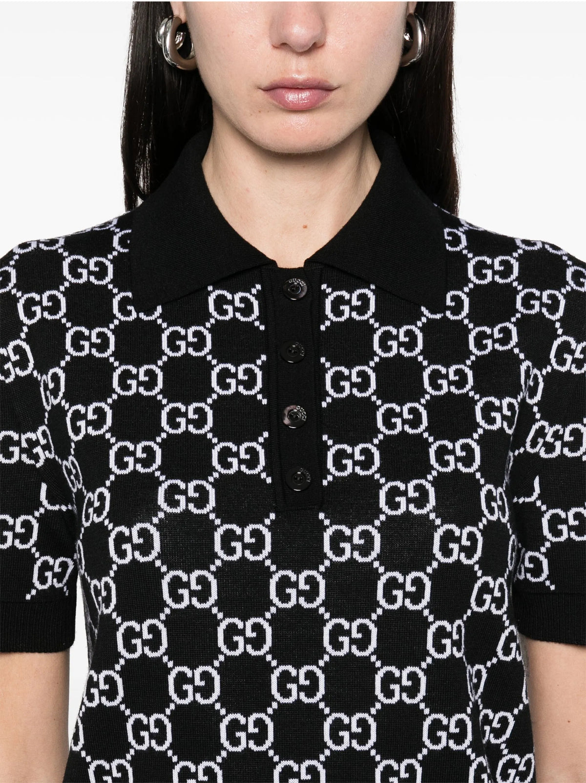 Gucci 814273XKEJP,Gucci GG monogram polo shirt,Gucci GG monogram womens polo shirt,Gucci black monogram polo shirt,Gucci wome