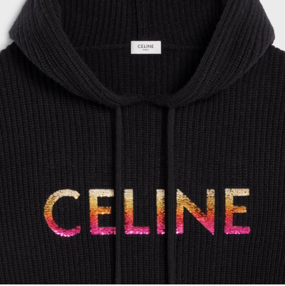 celine 2A10X666Q.38NO,Celine embroidered hooded sweater in ribbed wool,Celine hoodie on sale,Celine hoodie discount,Celine ho