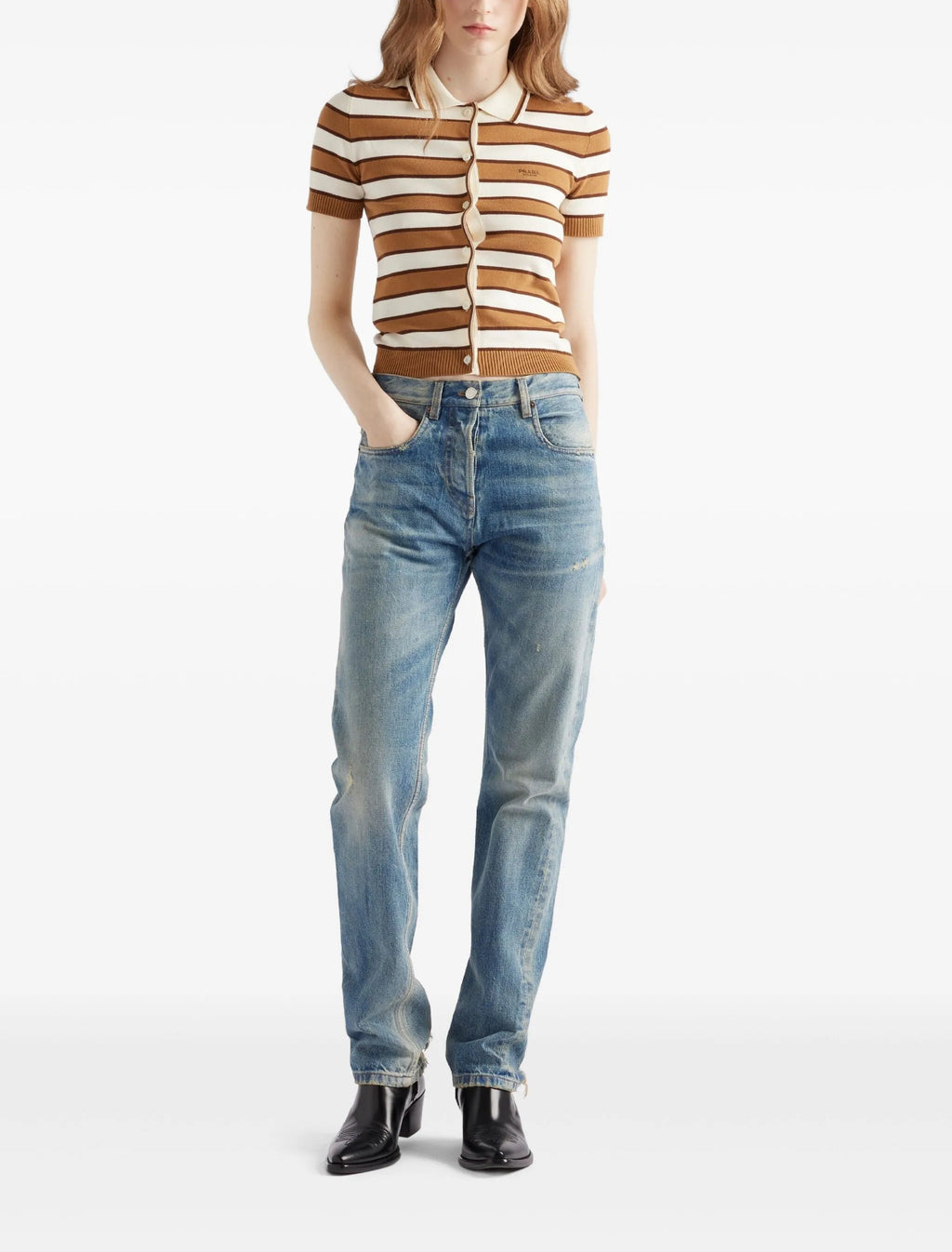 Prada P25N6217KKSOOO,Prada knitted polo top,Prada stripe knitted polo top,Prada brown stripe polo top,Prada brown short sleev