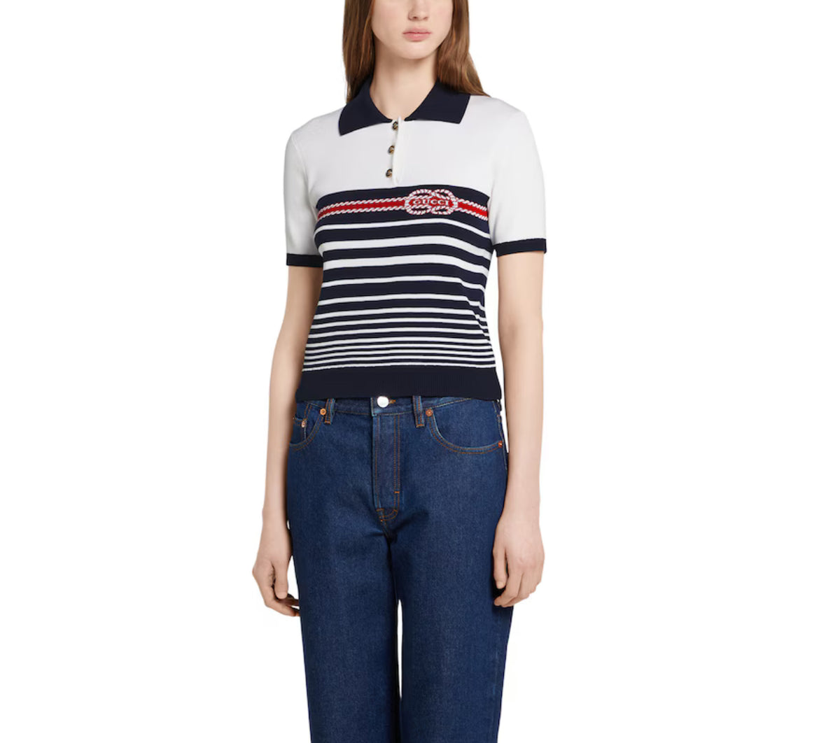 Gucci 835916 XKEVH,Gucci cotton stitch polo top with intarsia,Gucci striped polo shirt,Gucci knit polo shirt,Gucci polo shirt