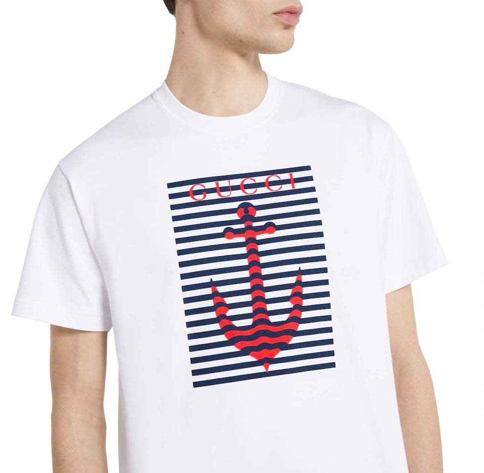 Gucci 796395 XJHDI,Gucci anchor printed T-shirt,Gucci white T-shirt anchor,Gucci anchor mens T-shirt,Gucci white T-shirt 2025