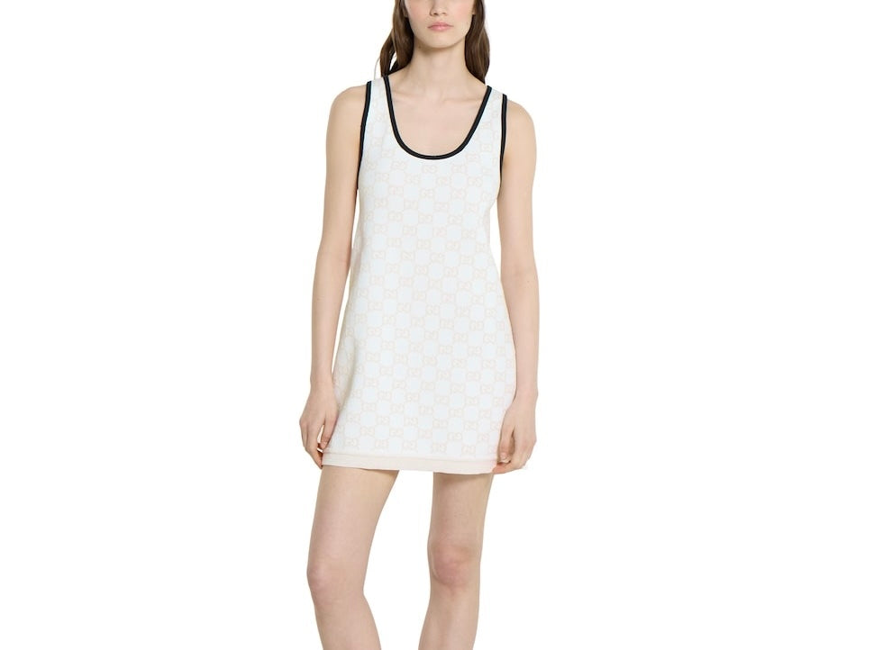 Gucci 836302 XKE0M,Gucci GG cotton jacquard dress,Gucci GG cotton white dress,Gucci GG monogram white dress,Gucci white sleev