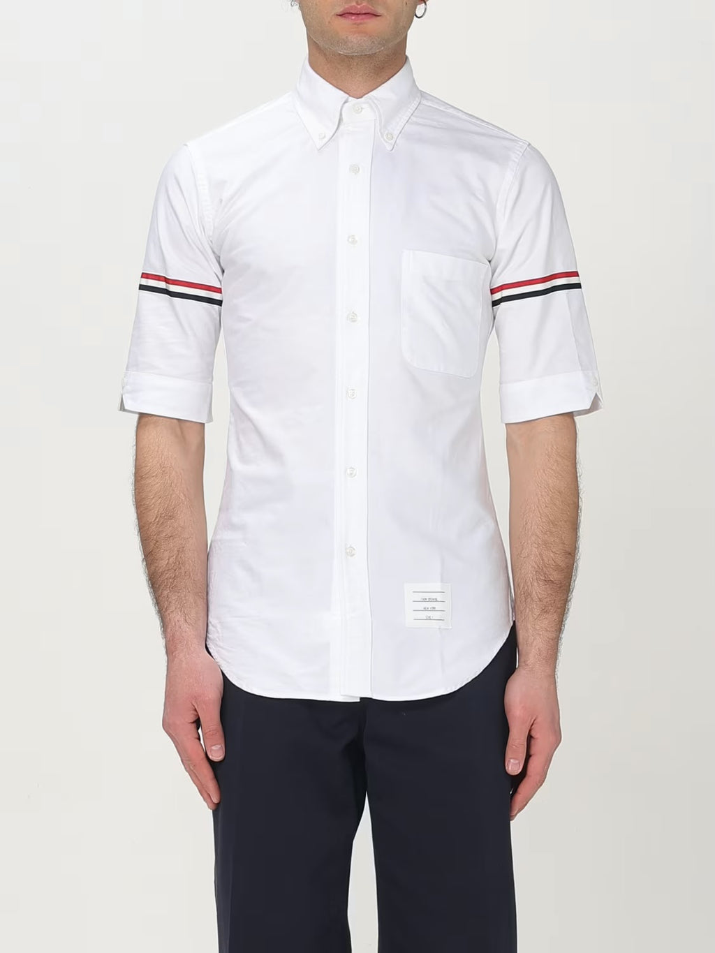 Thom Browne MWS242A06177,Thom Browne Grosgrain armband shirt,Thom Browne armband white shirt,Thom Browne short sleeve white s