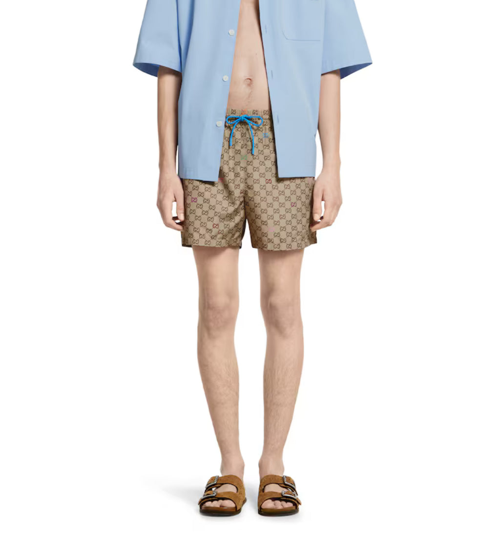 Gucci GG printed swim shorts,Gucci beige monogram swim shorts,Gucci brown swim shorts,Gucci swim shorts,Gucci swim shorts on
