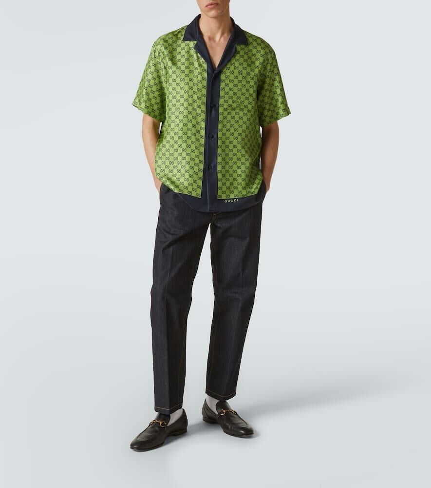 Gucci 794907ZASG3,Gucci GG printed silk shirt,Gucci green silk shirt,Gucci green monogram shirt,Gucci green monogram short sl
