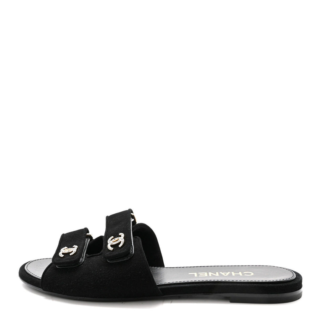 Chanel suede kidskin velcro crystal CC mules