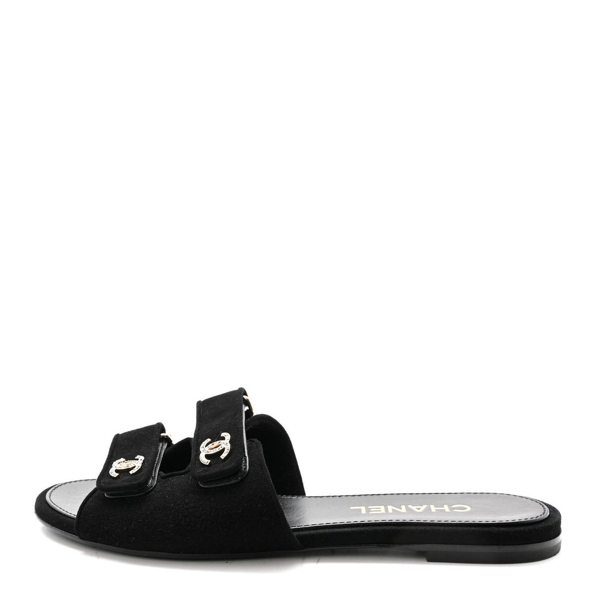 Chanel suede kidskin velcro crystal CC mules