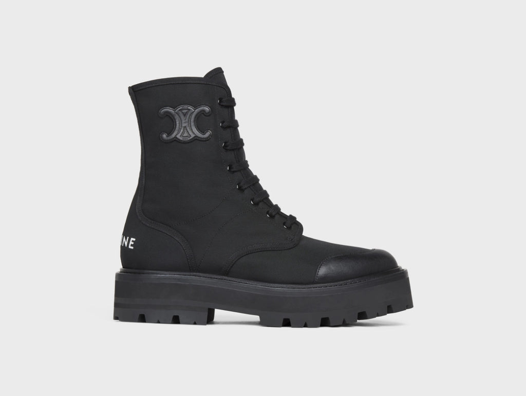 Celine bulky laced up boot in nylon and shiny bull,celine BOOTS,celine women's BOOTS,celine 345597004C,celine boots online sh