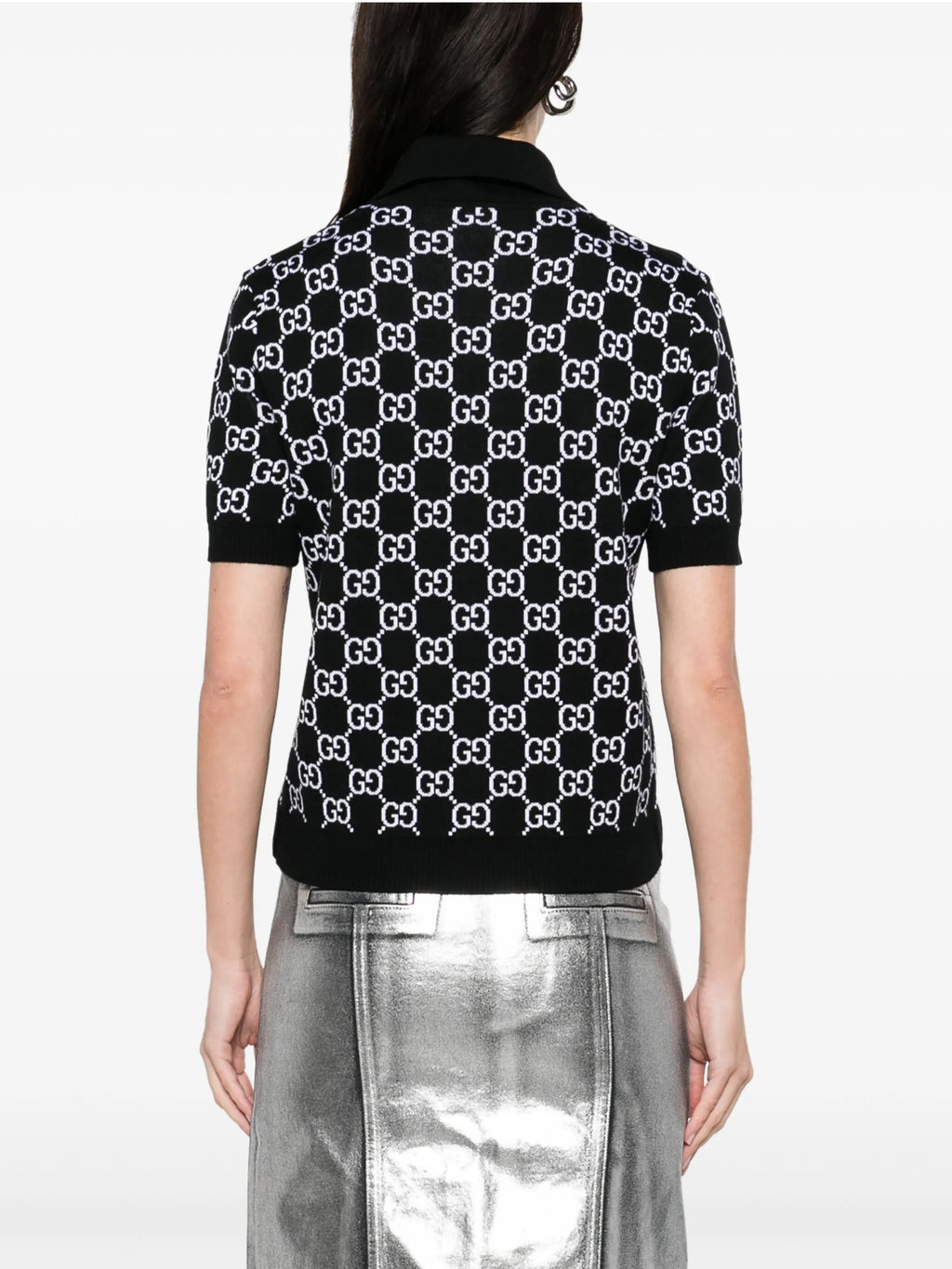 Gucci 814273XKEJP,Gucci GG monogram polo shirt,Gucci GG monogram womens polo shirt,Gucci black monogram polo shirt,Gucci wome