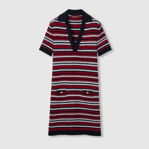 Gucci 818612 XKENN,Gucci v-neck dress,Gucci v-neck striped dress,Gucci v-neck red dress,Gucci red striped dress,Gucci striped