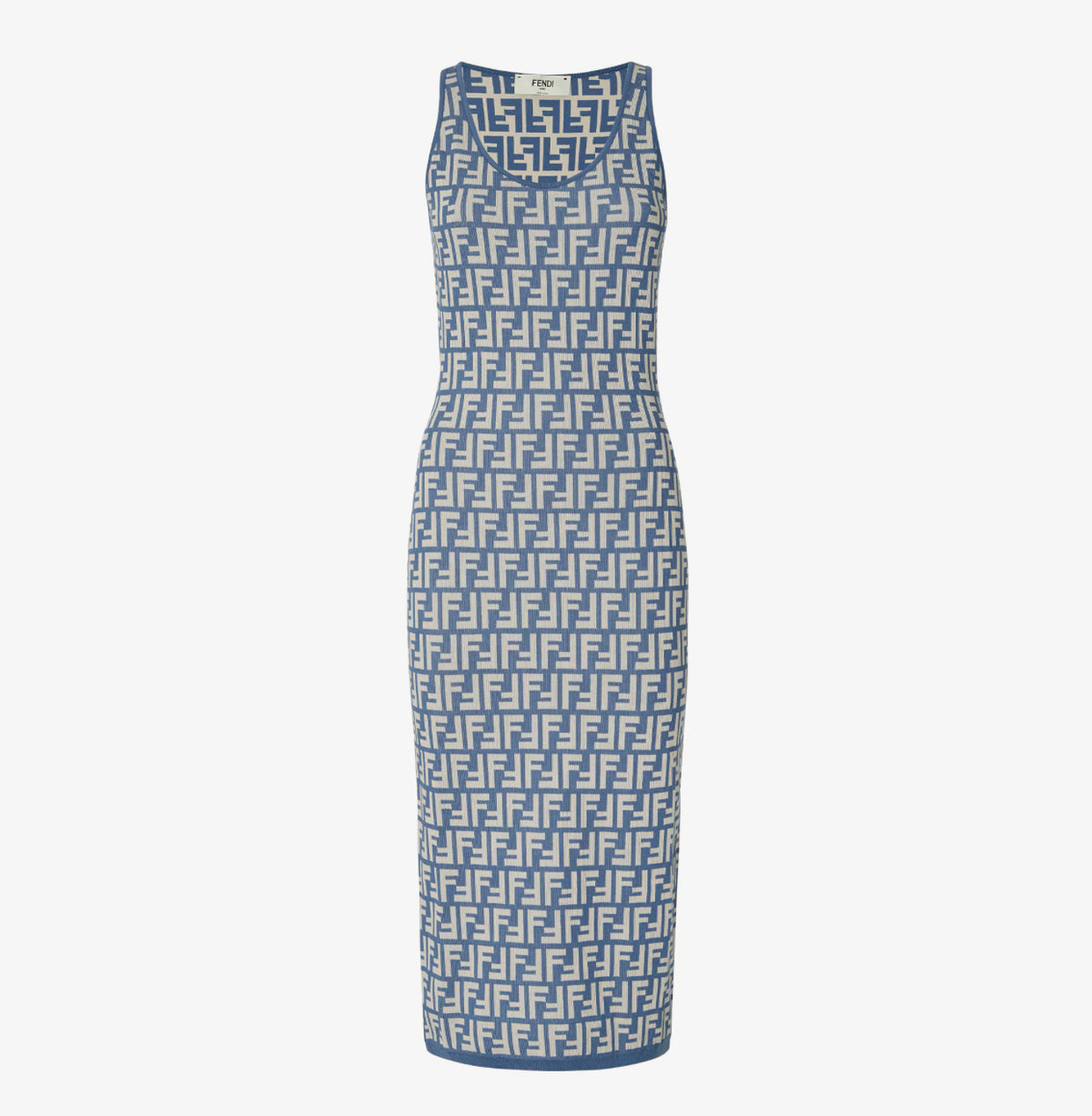 Fendi FZDD38AUHW,Fendi blue monogram dress,Fendi FF logo dress,Fendi FF logo blue dress,Fendi midi dress blue ,Fendi dress bl