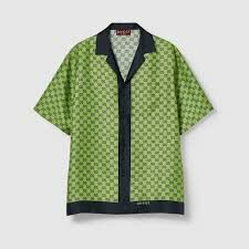 Gucci 794907ZASG3,Gucci GG printed silk shirt,Gucci green silk shirt,Gucci green monogram shirt,Gucci green monogram short sl