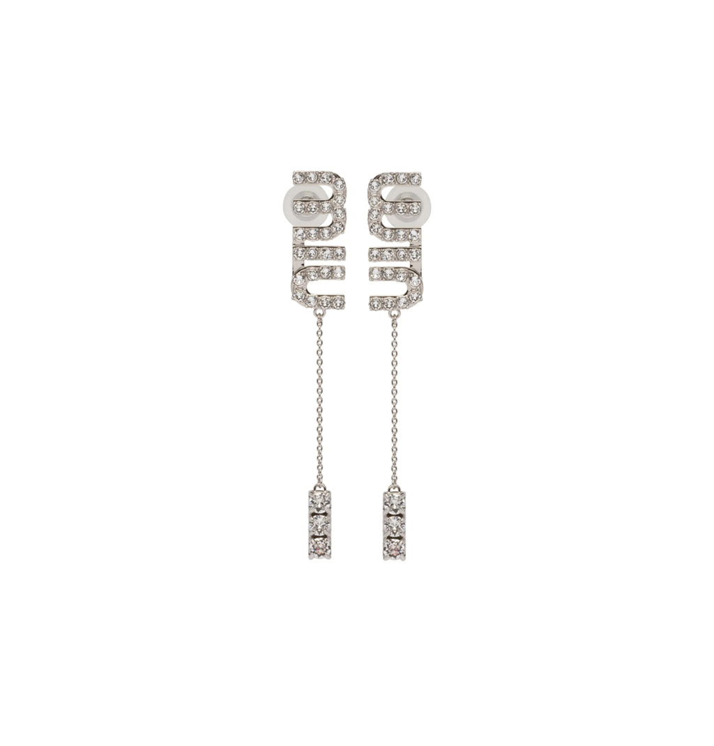 Miu Miu crystal embellished pendant earrings,Miu Miu crystal pendant earrings,MIU MIU logo pendant,MIU MIU logo earrings,MIU