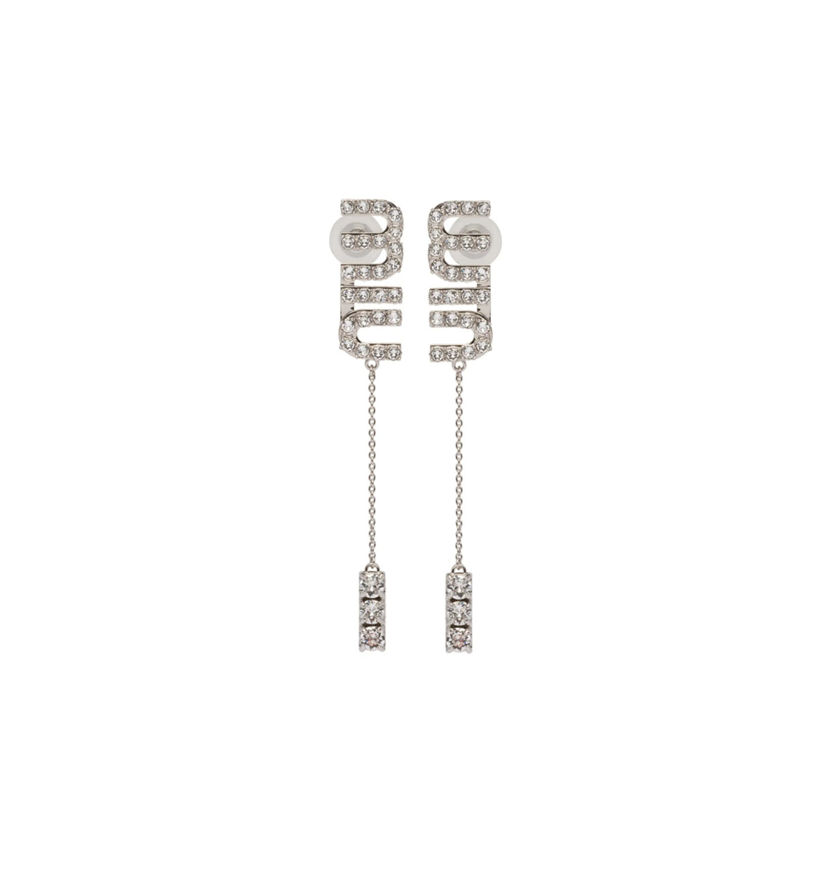 Miu Miu crystal embellished pendant earrings,Miu Miu crystal pendant earrings,MIU MIU logo pendant,MIU MIU logo earrings,MIU