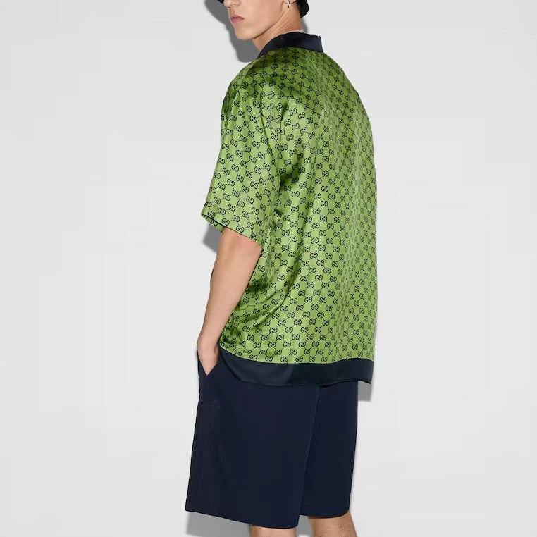 Gucci 794907ZASG3,Gucci GG printed silk shirt,Gucci green silk shirt,Gucci green monogram shirt,Gucci green monogram short sl