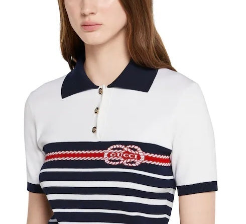 Gucci 835916 XKEVH,Gucci cotton stitch polo top with intarsia,Gucci striped polo shirt,Gucci knit polo shirt,Gucci polo shirt