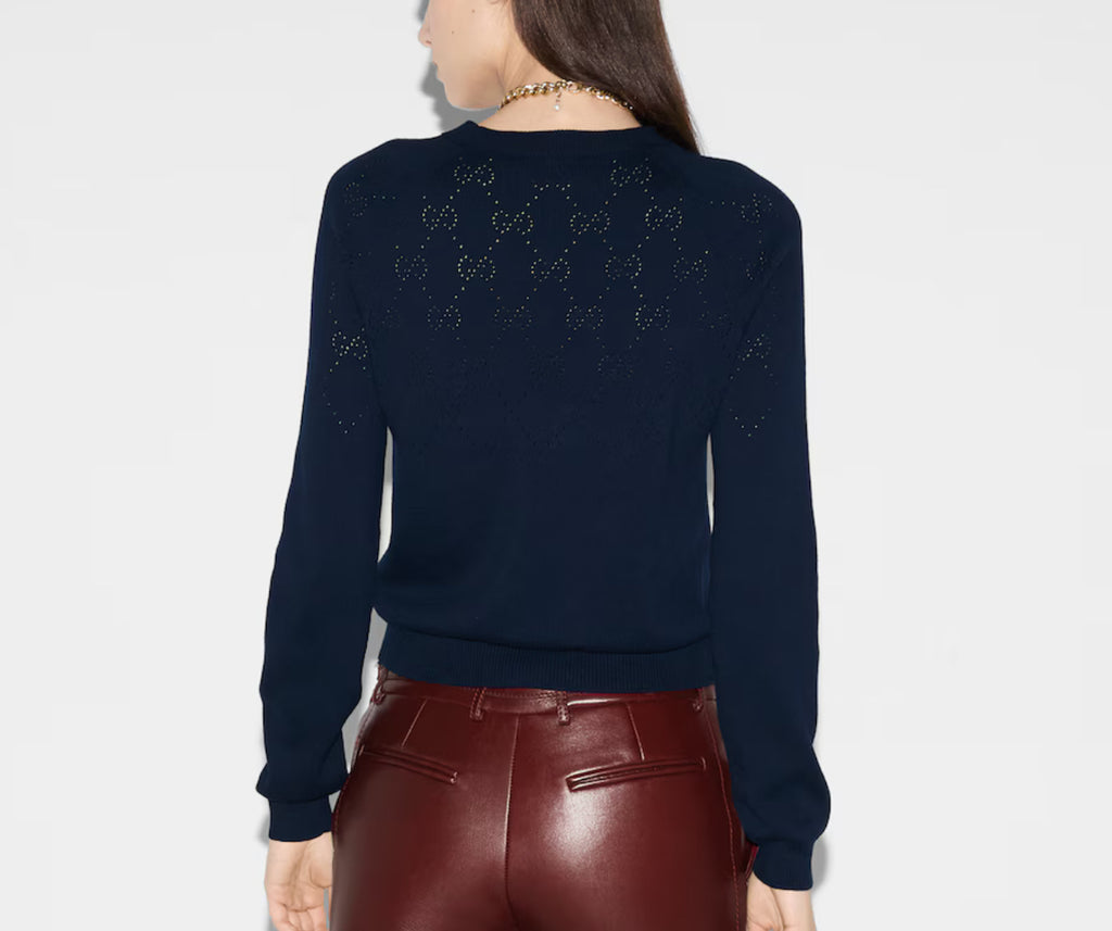 Gucci 820702 XKEO6,Gucci cotton crew neck top with GG diamond pattern,Gucci GG argyle sweater,Gucci Navy womens sweater,Gucci