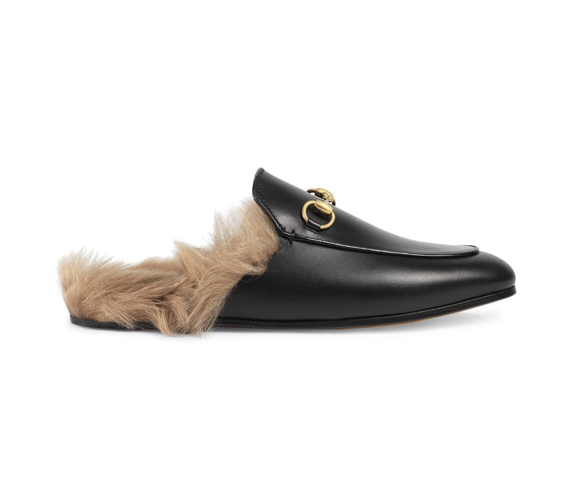Gucci Black Princetown leather fur lined mules
