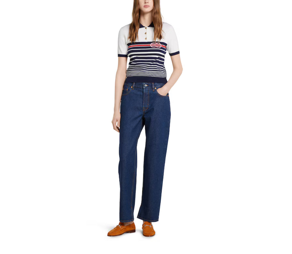 Gucci 835916 XKEVH,Gucci cotton stitch polo top with intarsia,Gucci striped polo shirt,Gucci knit polo shirt,Gucci polo shirt