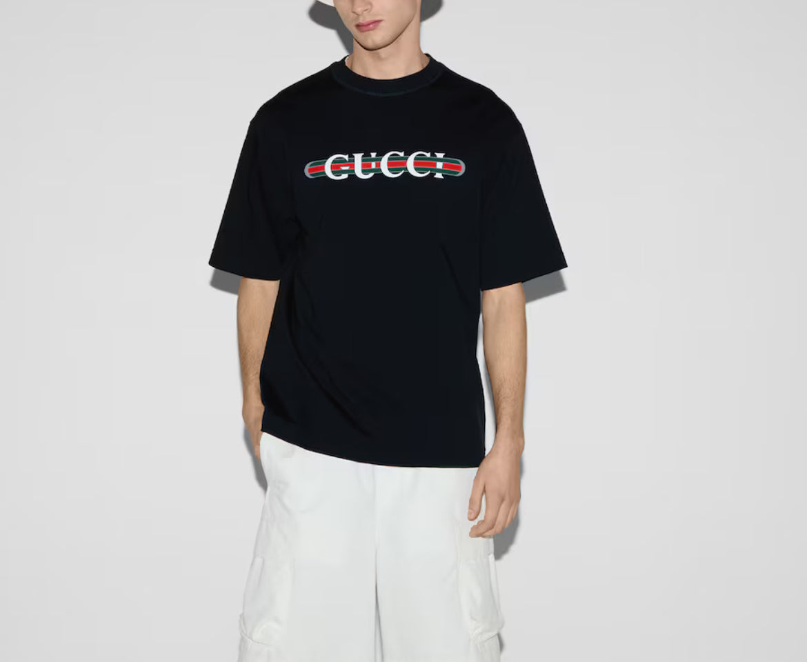 Gucci 784361 XJGTE,Gucci cotton jersey T-shirt with print,Gucci web print t-shirt,Gucci black t-shirt,Gucci grey t-shirt,Gucc