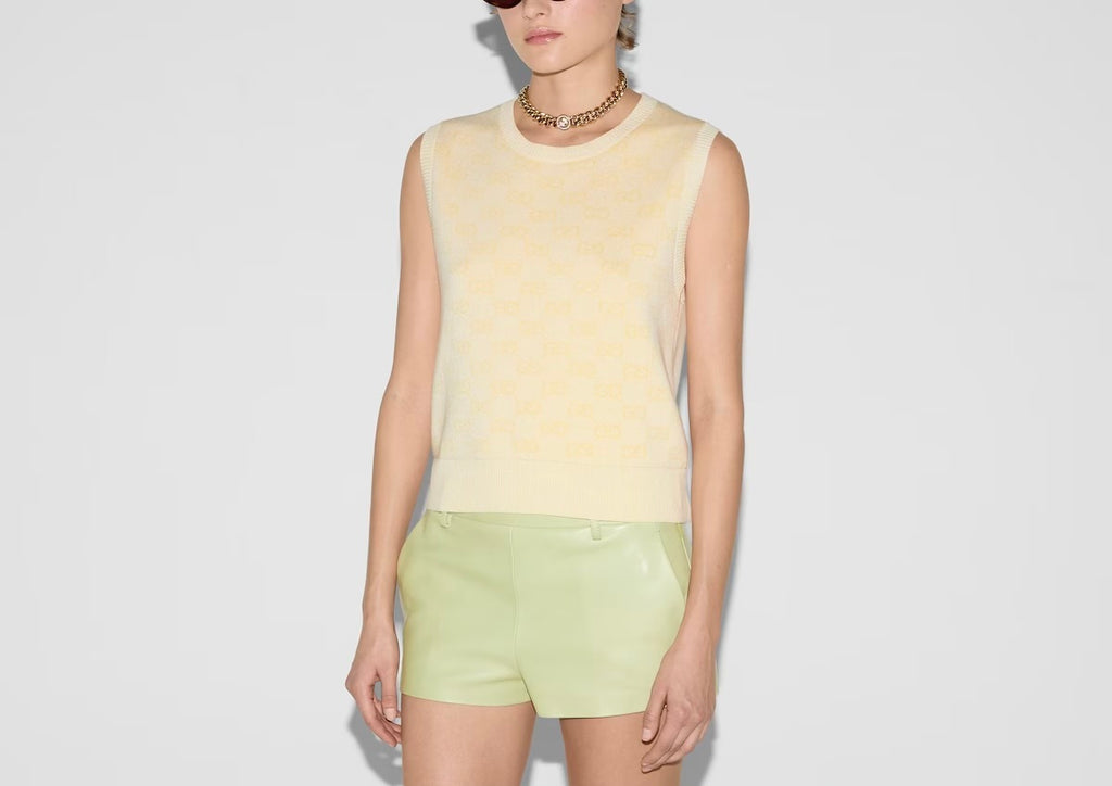 Gucci 821143 XKPEI,Gucci GG cotton sleeveless top,Gucci GG monogram sleeveless top,Gucci GG monogram yellow top,Gucci yellow