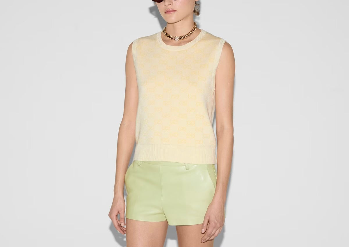 Gucci 821143 XKPEI,Gucci GG cotton sleeveless top,Gucci GG monogram sleeveless top,Gucci GG monogram yellow top,Gucci yellow