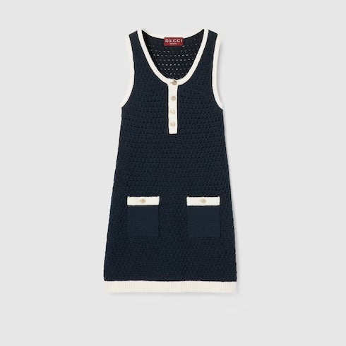 Gucci 828739 XKESV,Gucci cotton crochet dress,Gucci navy dress,Gucci sleeveless dress navy,Gucci sleeveless dress on sale,Guc