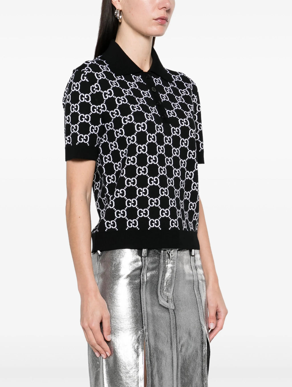 Gucci 814273XKEJP,Gucci GG monogram polo shirt,Gucci GG monogram womens polo shirt,Gucci black monogram polo shirt,Gucci wome