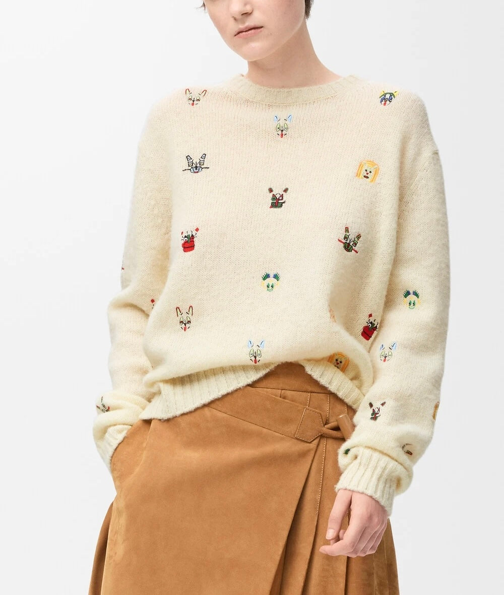 Winniemodo,Winniemodony,Loewe S359Y14KIH,Loewe sweater wool,Loewe sweater dog embroidery,Loewe knit sweater white,Loewe sweat