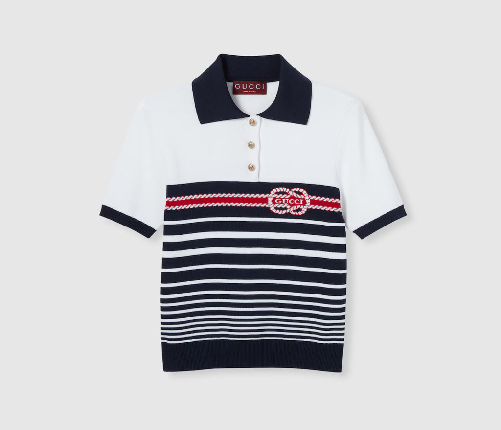 Gucci 835916 XKEVH,Gucci cotton stitch polo top with intarsia,Gucci striped polo shirt,Gucci knit polo shirt,Gucci polo shirt