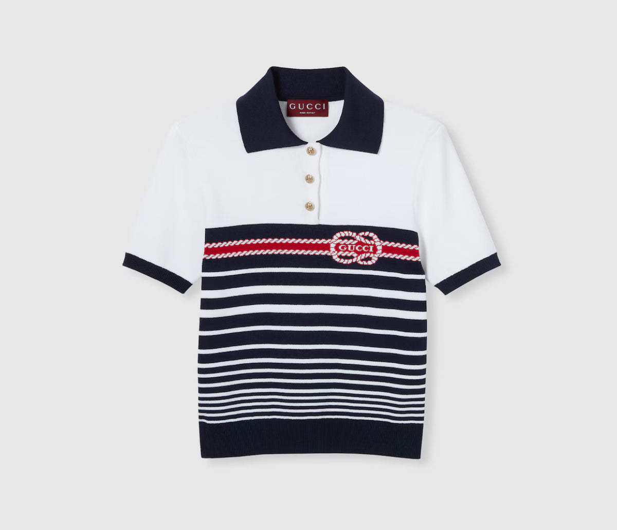 Gucci 835916 XKEVH,Gucci cotton stitch polo top with intarsia,Gucci striped polo shirt,Gucci knit polo shirt,Gucci polo shirt