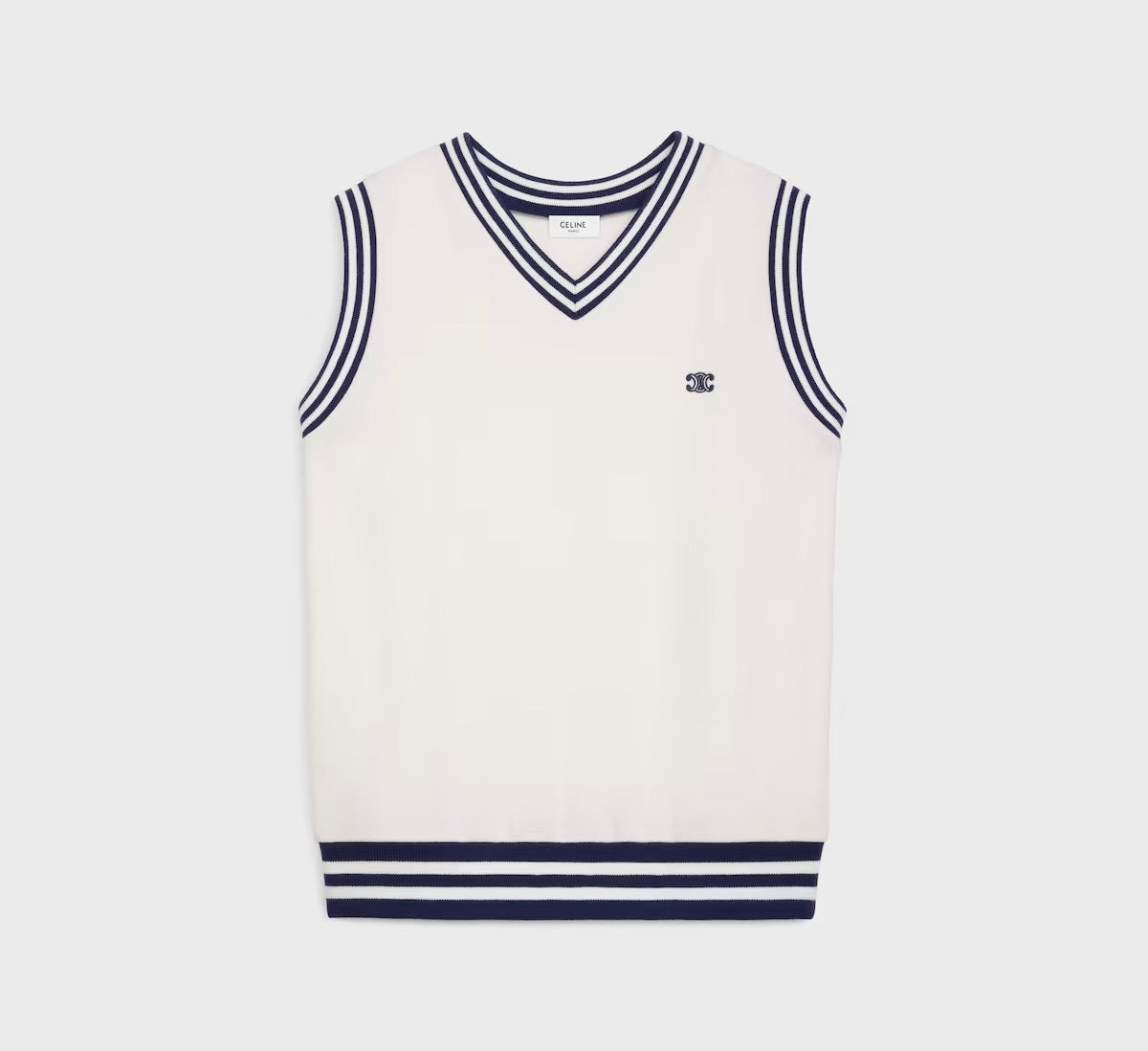 Celine RY08Z670Q.01MA,Celine sleeveless sweatshirt,Celine sleeveless v-neck sweater,Celine sleeveless v-neck white sweater,Ce