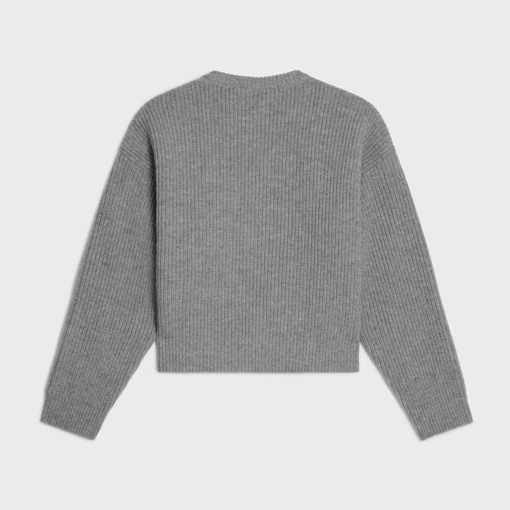Celine RY0GS423P,Celine crew neck sweater in ribbed wool,Celine sweater,Celine grey sweater,Celine sweater women,Celine sweat