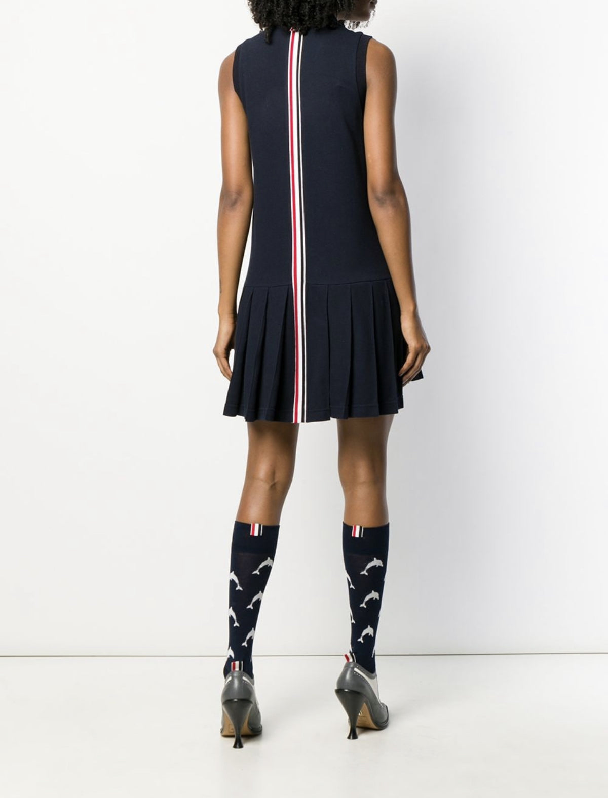 Thom Browne RWB stripe sleeveless pleated tennis dress