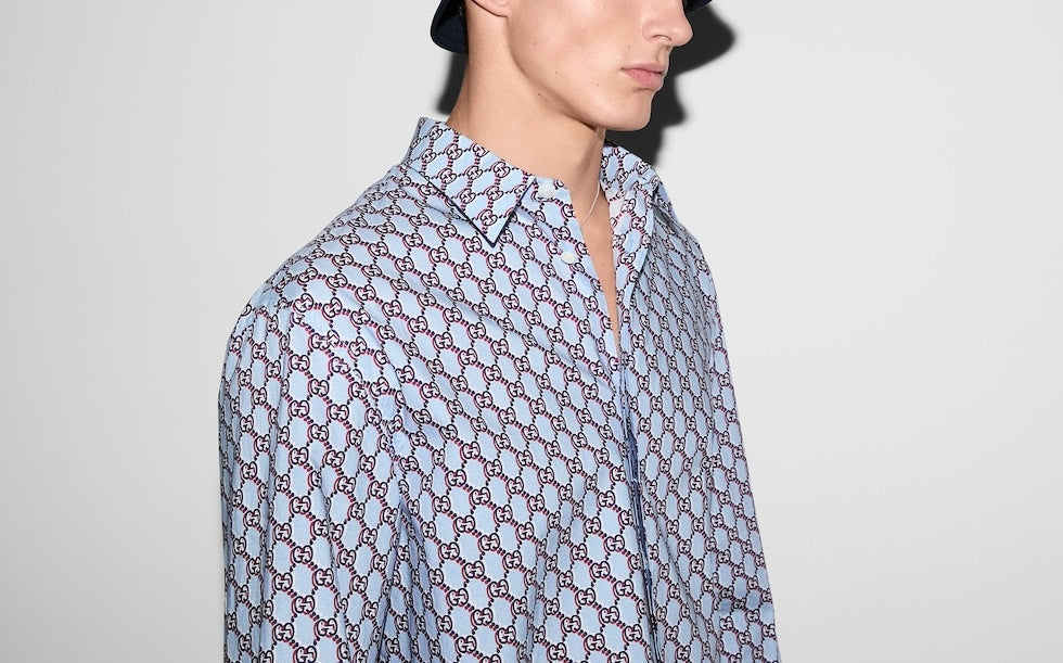 Gucci 814557Z7AHC,Gucci GG printed shirt,Gucci monogram shirt,Gucci blue monogram shirt,Gucci blue monogram shirt mens,Gucci