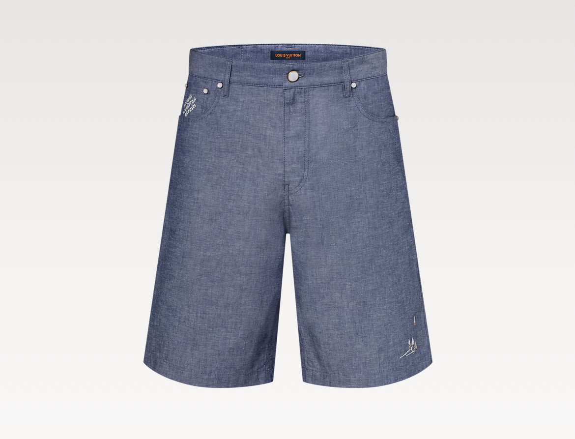 Louis Vuitton 1AHVBS,LV 1AHVBS,Louis Vuitton embroidered shorts,LV denim shorts,LV mens denim shorts,Louis Vuitton denim shor