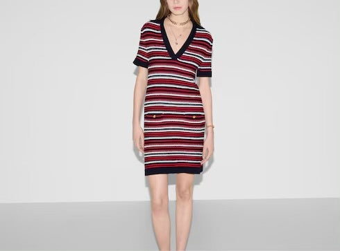 Gucci 818612 XKENN,Gucci v-neck dress,Gucci v-neck striped dress,Gucci v-neck red dress,Gucci red striped dress,Gucci striped
